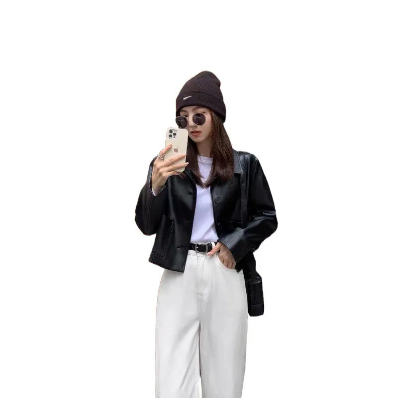 Faionable ort Leather Jaet Dames Sli Casual Retro 2024 Nieuw Model China Made Lange Sve Kraag PU-leer