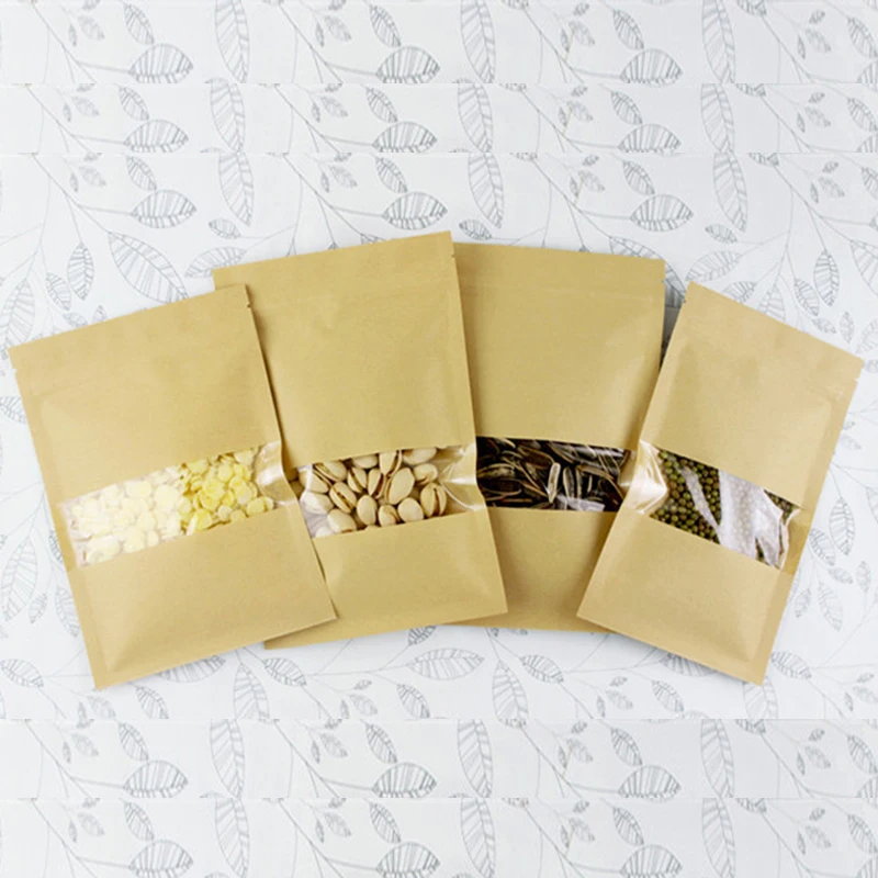 Resealable Flat Bottom Brown Kraft Paper Zip Lock Bags Clear Window Candy Cookies Gift Food Storage Craft Package Pouches