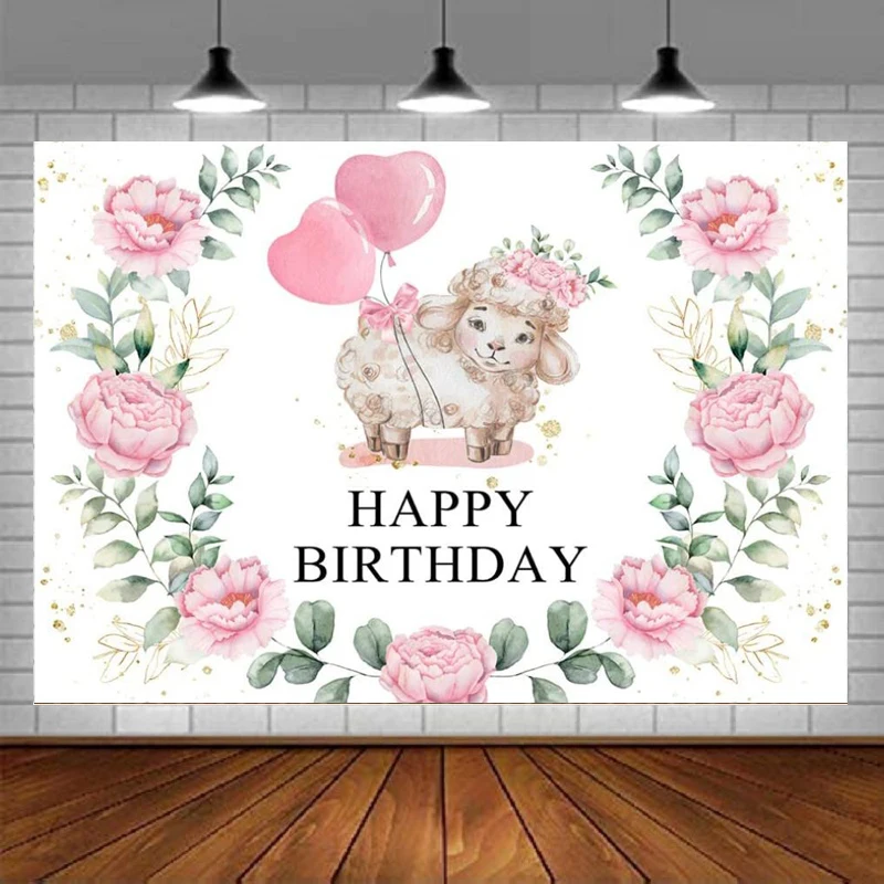 Girl Lamb Photography Backdrop Pink Floral Greenery Farm Animal Background Baby Sheep Princess Happy First Birthday Party Decor