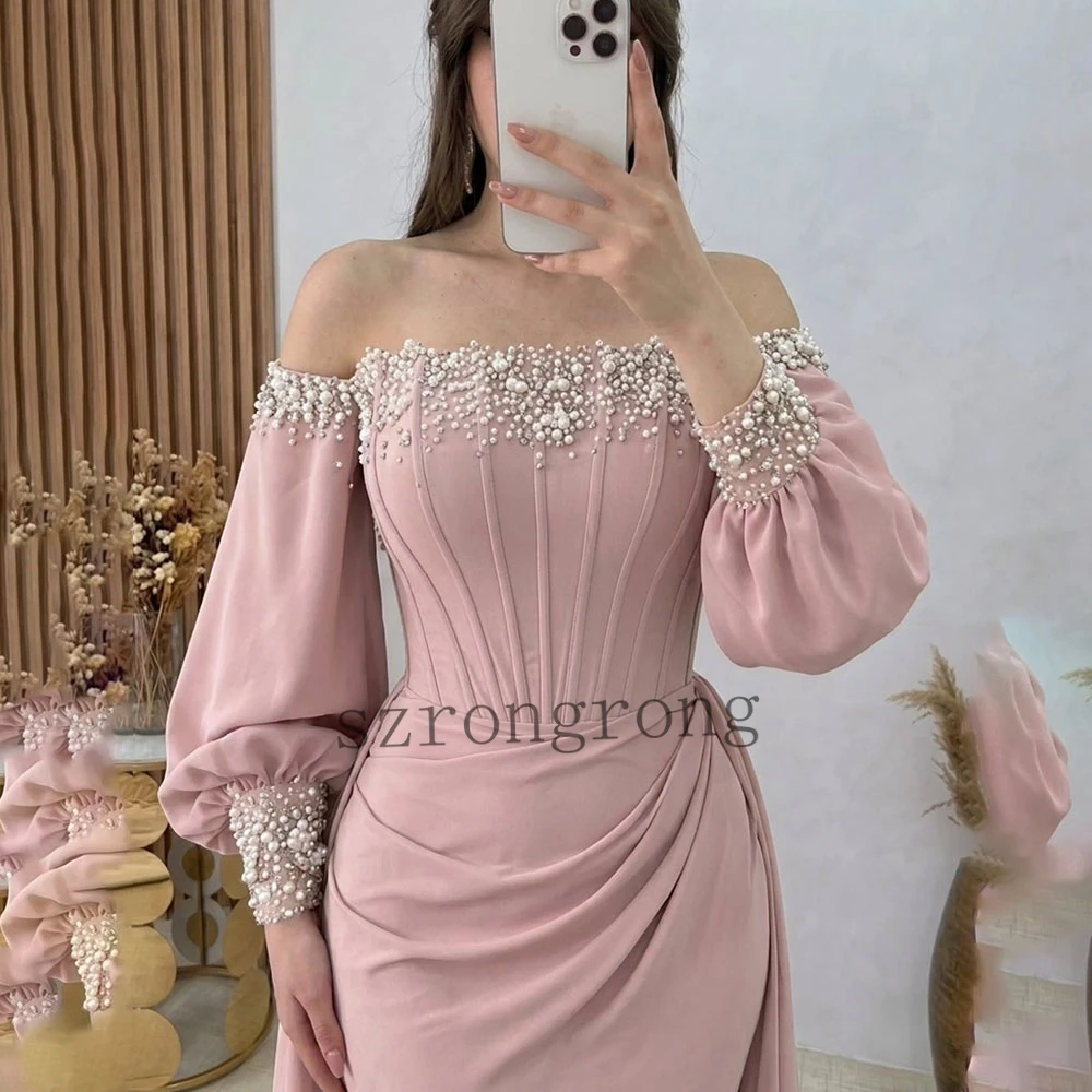 Custom Made Elegant Boat Collar Pearls Evening Party Dress Backless Floor-Length Sheath Saudi Gown Prom Bridal Gown with Train