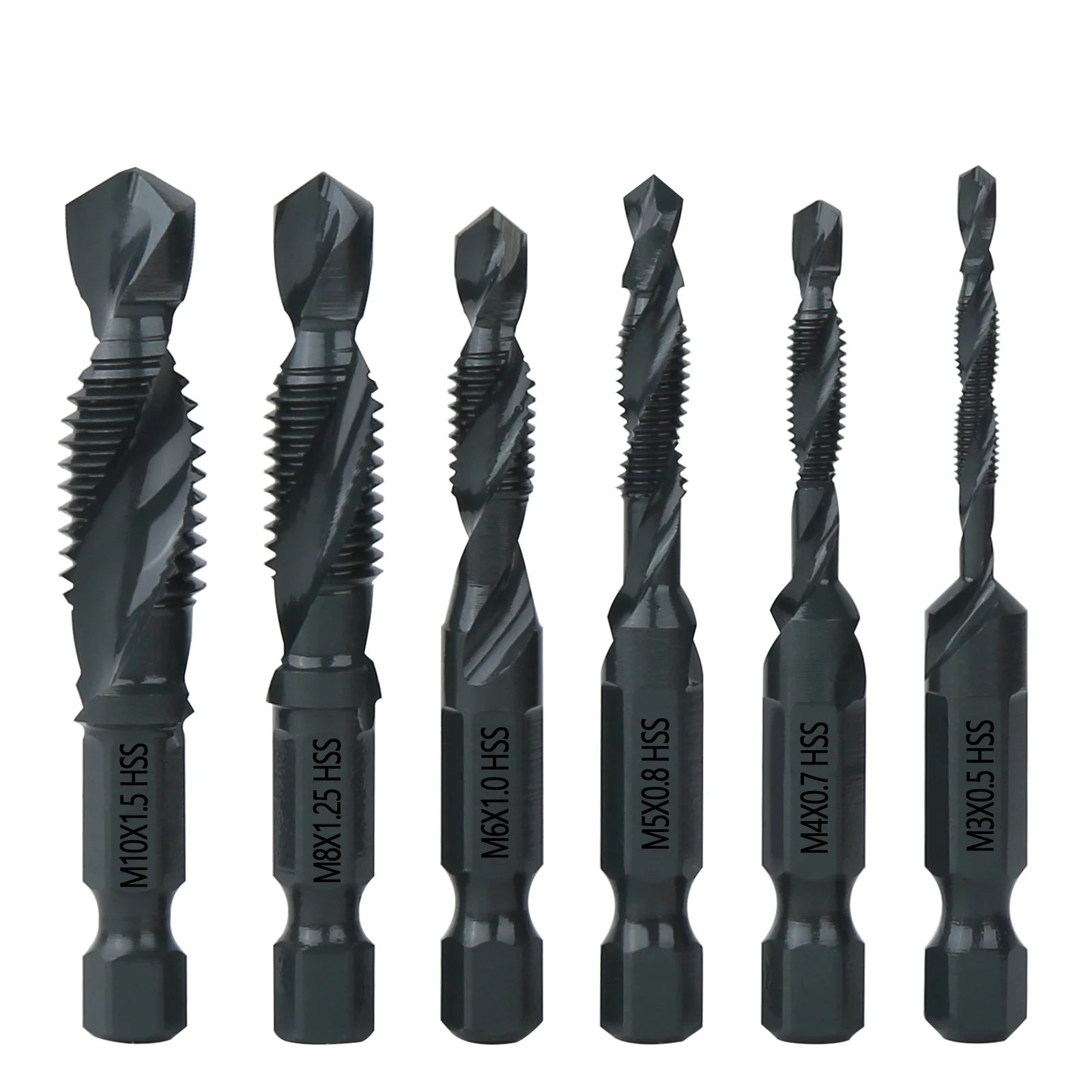 

6Pcs/Set M3-M10 HSS 4241 Screw Tap Drill Bits Taps Metric Combination Bit 1/4" Hex Quick Change for Iron Aluminum Soft Metal