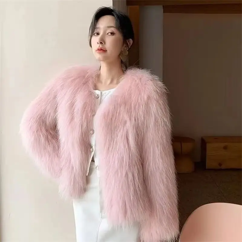 Autumn/Winter New Arrival Fox Fur-Style Coat For Women - Youthful Short Fitted Round-Neck Outerwear With Off-Season Clearance