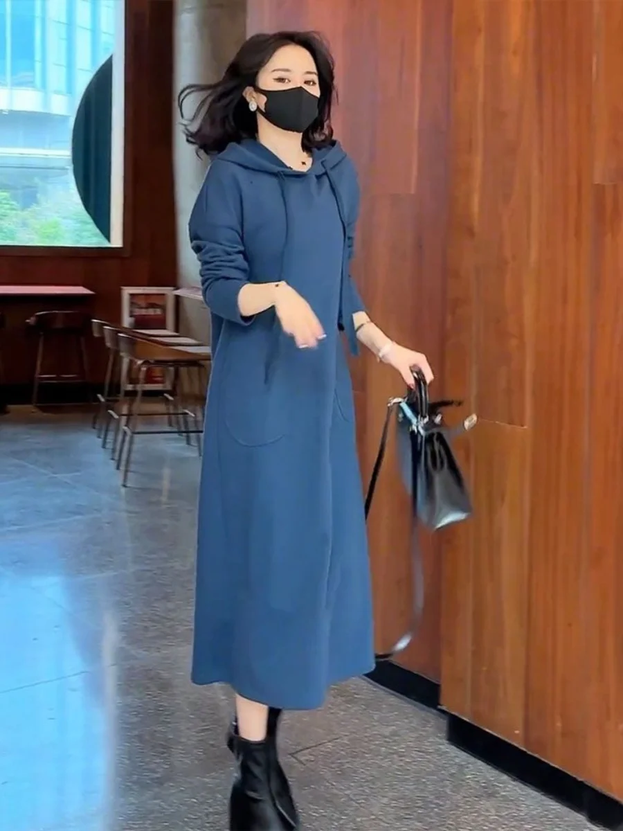 

Осенне-зимнее утепленное флисовое платье с капюшоном, длинное, А-силуэта, с карманами, в корейском стиле, с высокой талией, однотонное, для повседневной носки