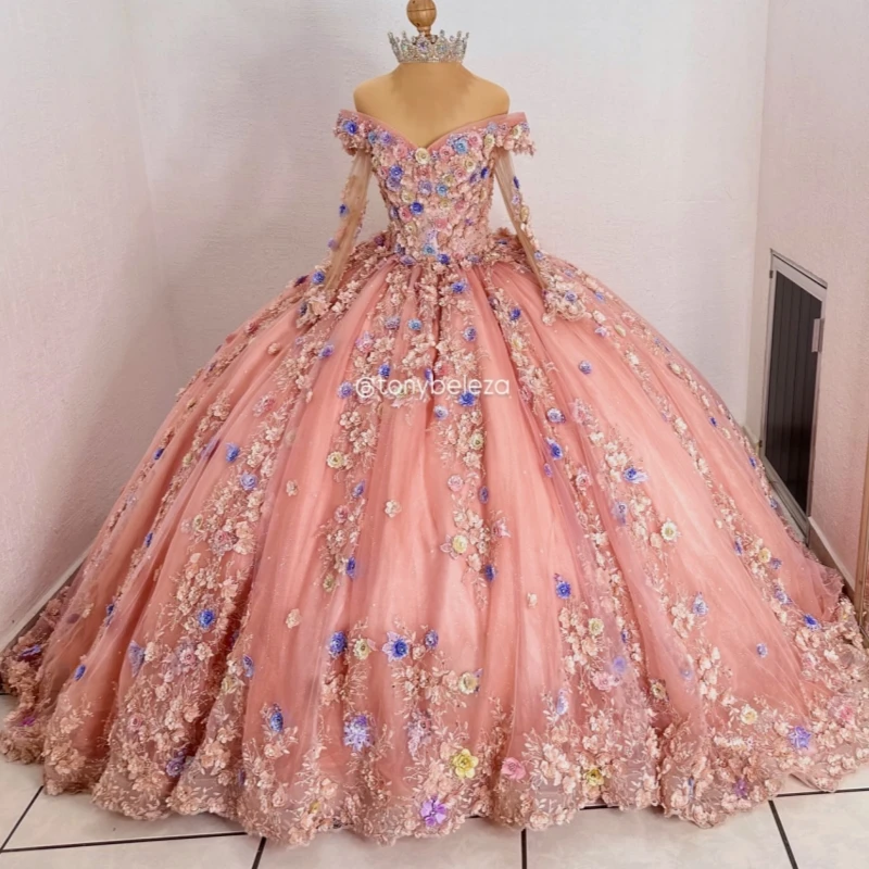 

Pink Shiny Quinceanera Dresses Ball Gown Off The Shoulder Applique Flower Beads Tull Party Birthday Sweet 16 Dress Vestidos 15