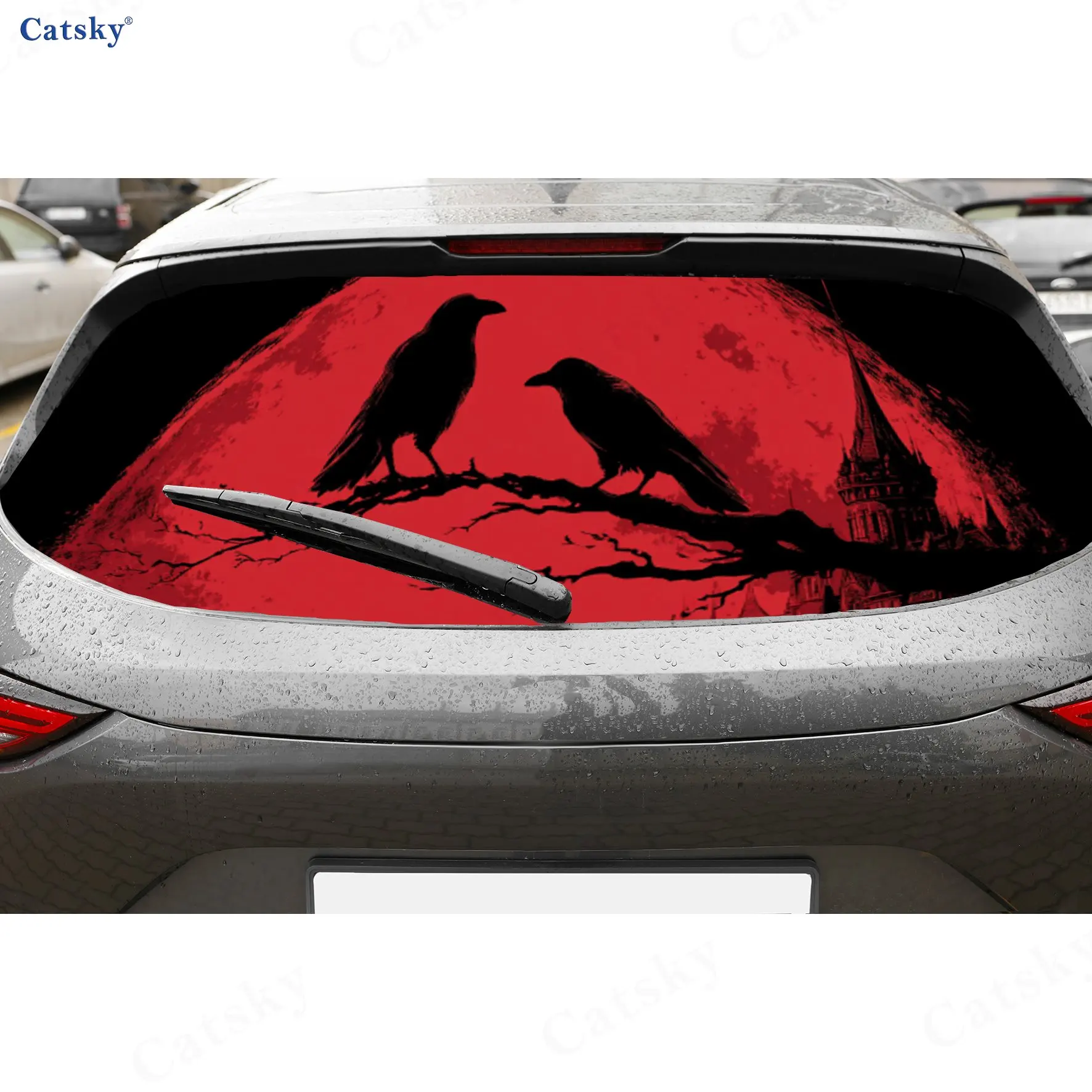 Involucos de vinilo perforados de PVC gótico Black Raven Blood Moon Wonder para coche, pegatina duradera para parabrisas trasero de coche, Wi trasero impermeable para coche