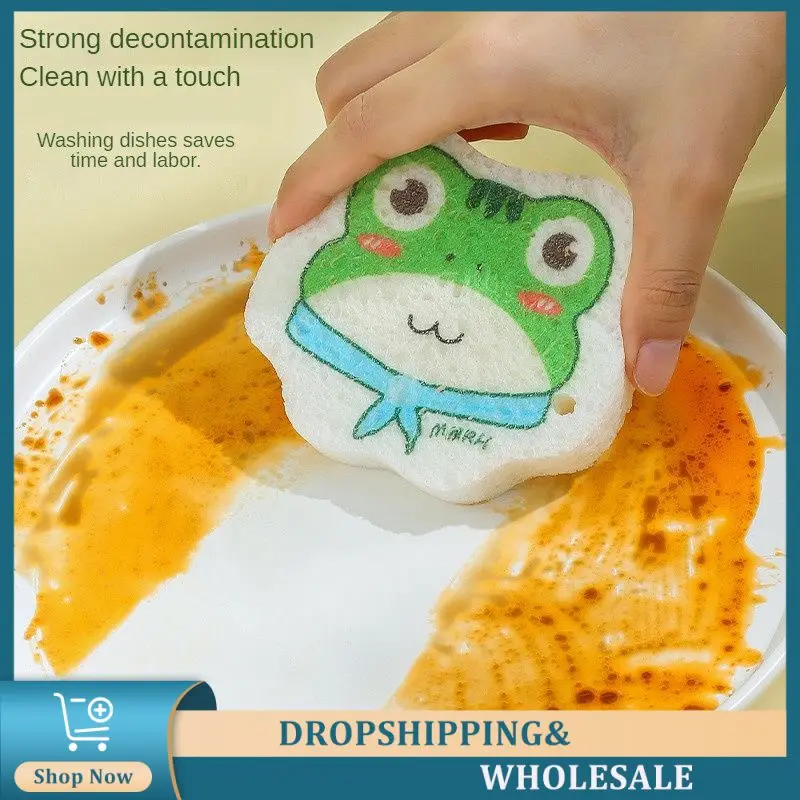 1/4pcs Cartoon Compressed Dishwashing Sponge Wood Pulp Cotton Sponge Nonstick Oil Dish Washing Brush Kitchen Accessories