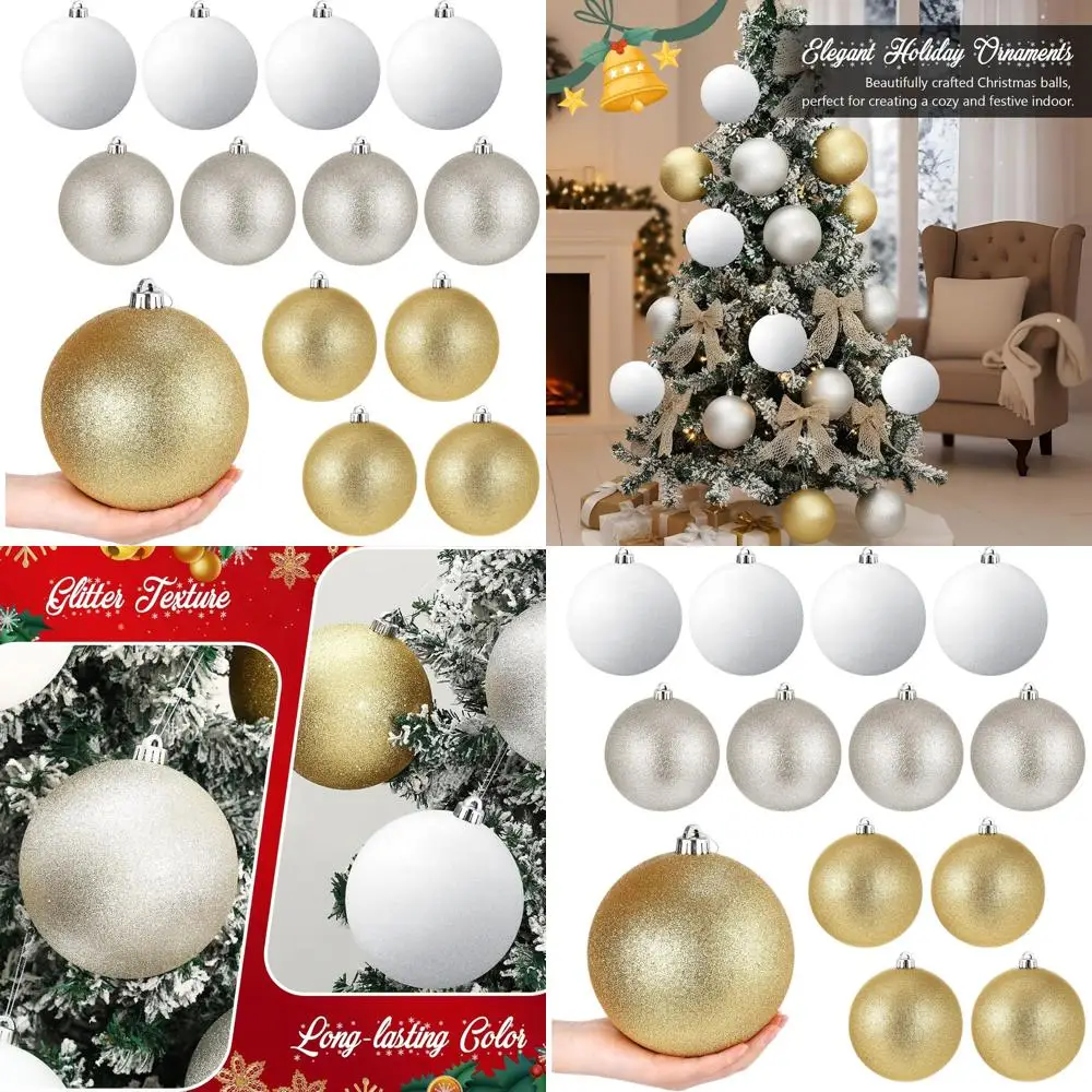 

Large 6-Inch Christmas Ball Ornaments, Glitter Champagne Gold, Silver, White, Extra Large Xmas Balls with Hanging Loop for Holid