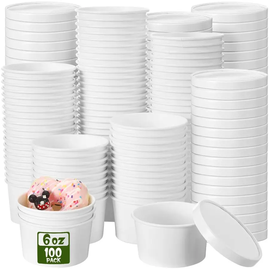 

100 Pack Paper Soup Containers with Lids Disposable Paper Food Containers with Vented Lid Kraft Ice Cream Cake Dessert Cups Soup