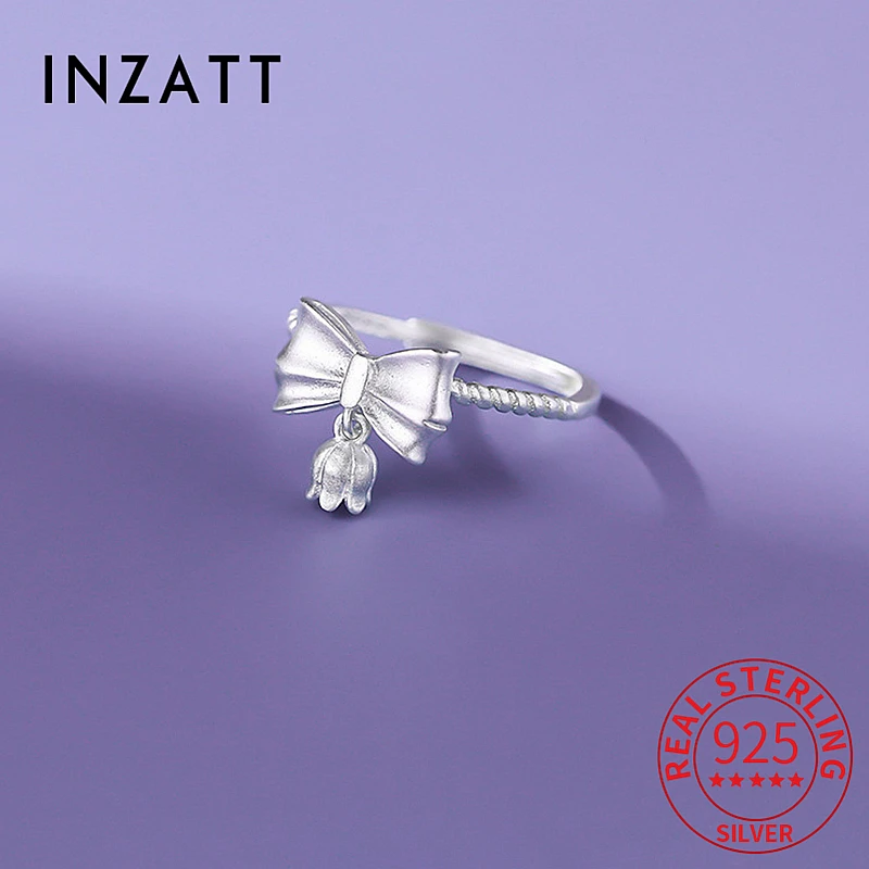 INZATT Real 925 Sterling Silver Bowknot Flower Luxury Plant Adjustable Ring for Women Cute Fine Jewelry Minimalist Accessories