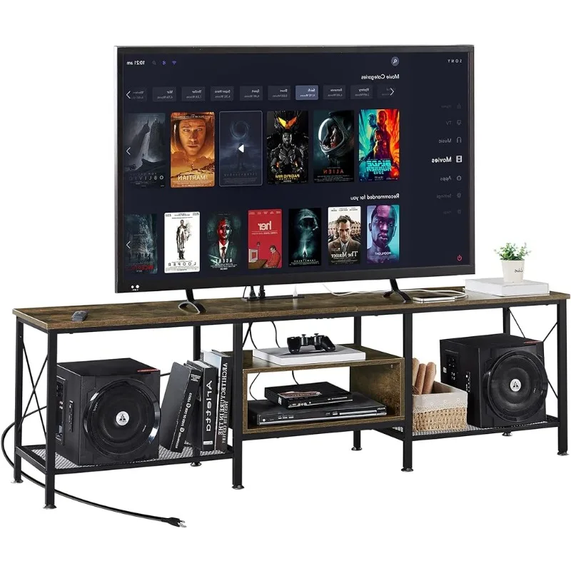 VECELO TV Stand with Power Outlets for 75 Inch Industria Media Entertainment Center with Charging Station, 3-Tier Open Shelves