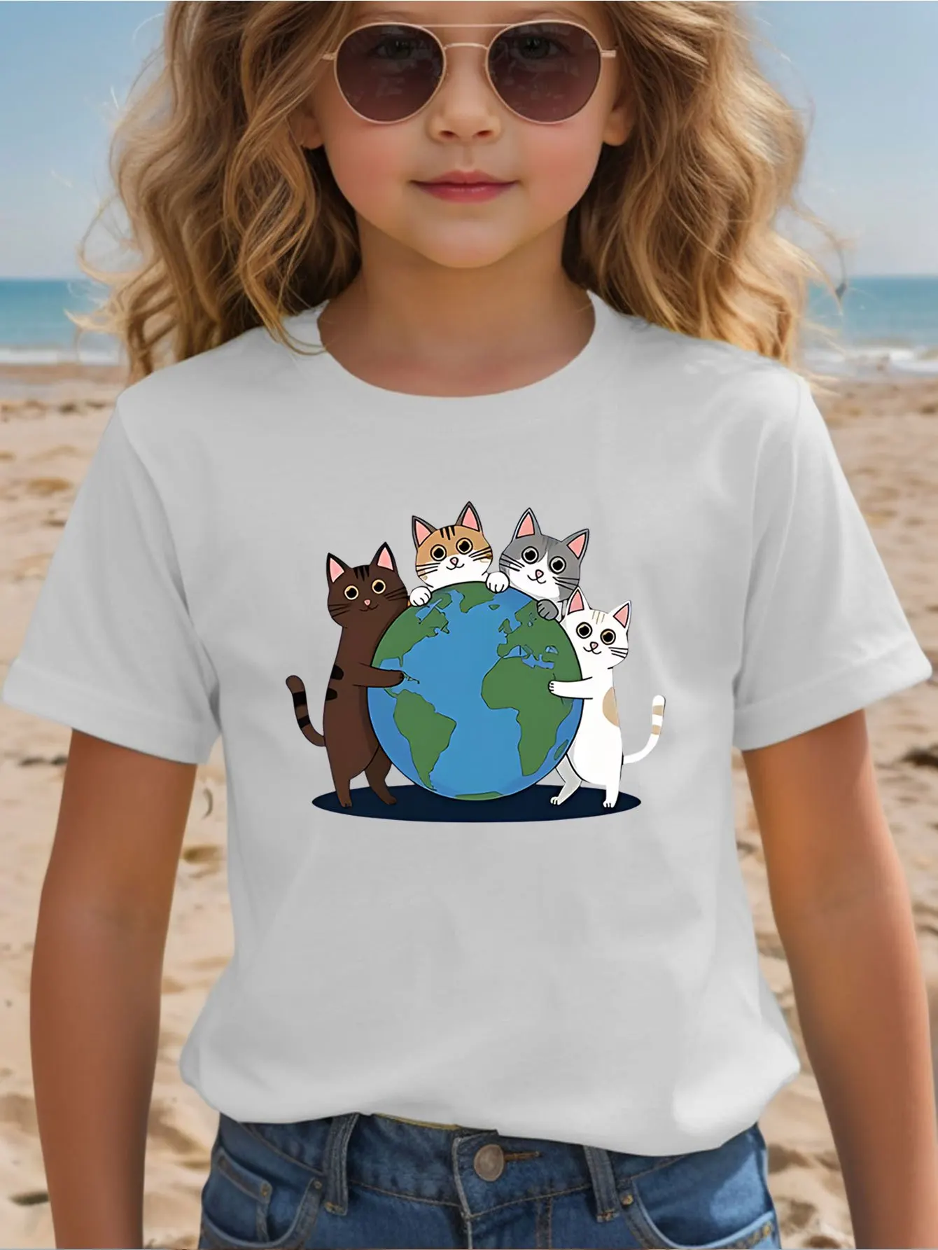 Four Lovely Kittens Embrace The World Print Kids T Shirt Boys Girls Family Matching Parent Child Summer Crew Neck Casual Tee