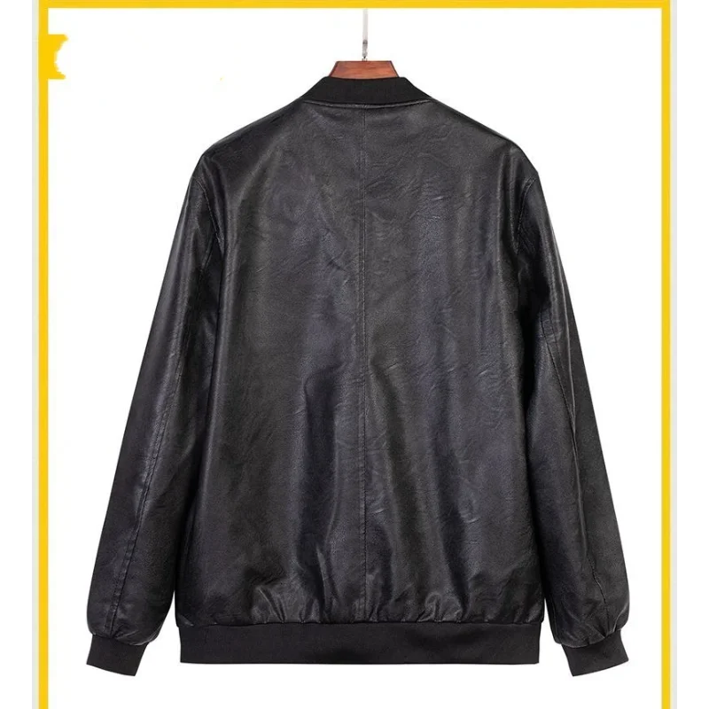 New Autumn and Winter Men's Cardigan PU Leather Jacket, Thickened Casual Waterproof All Match Fashion Round Neck Top