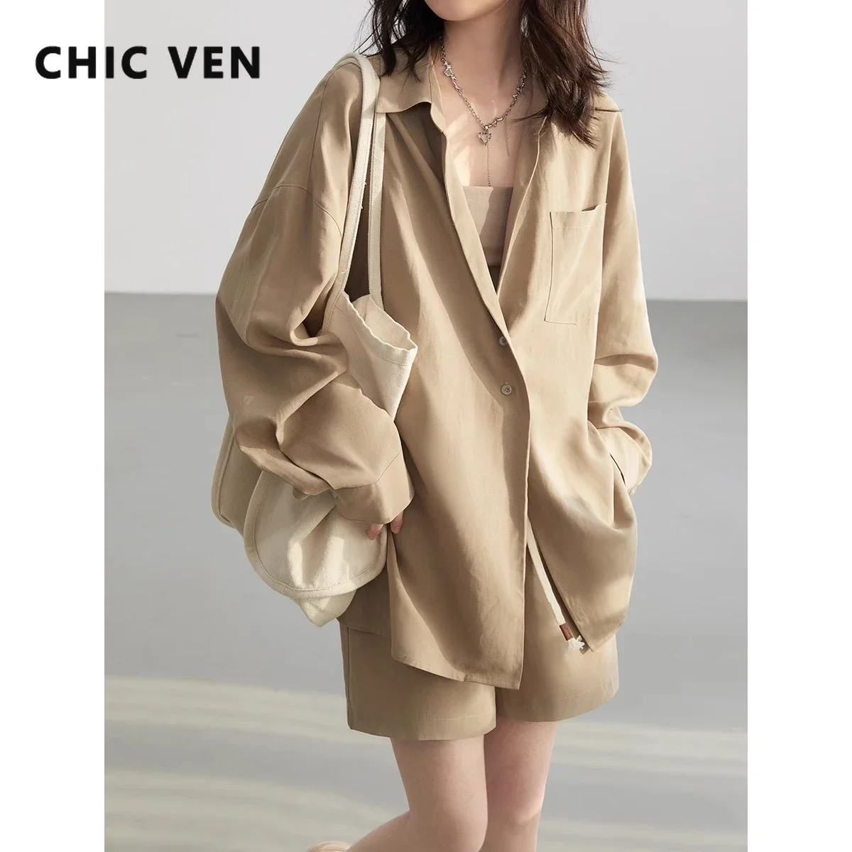 CHIC VEN Women Shirts Solid Loose Casual Female Blouse Drawstring Elastic High Waisted Shorts Women Clothing Spring Summer 2024