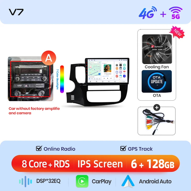 Junsun draadloze CarPlay Android Auto autoradio voor Mitsubishi Outlander Mk3 (GF/GG) 2012-2021 met ingebouwde koelventilator, Android GPS navigatie, multimediaspeler, WiFi, DSP, RDS, BT, SWC, IPS