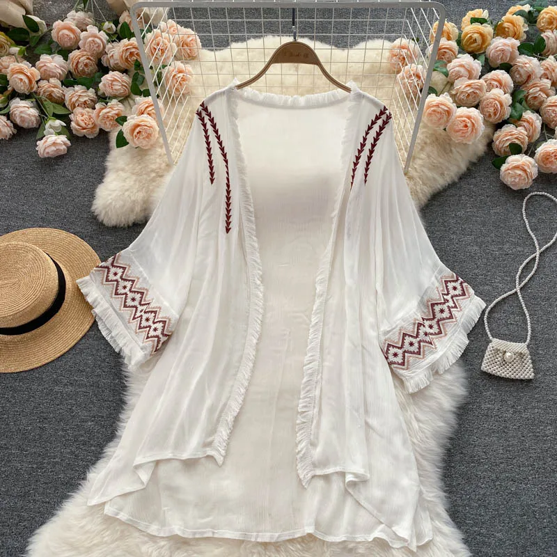

Women Travel Bohemian Boho Ethnic Shirts Blouse Tops Open Stitch Vintage Holiday Embroidery Tassel Lady Beach Bikini Fairy Cover