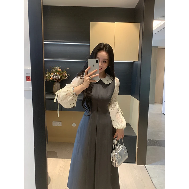 

Elegant Polka Dot Shirt Waist Cinched Suit Vest Dress Slimming Set Women's Fashion Spring Collection Polyester Blend Skirt