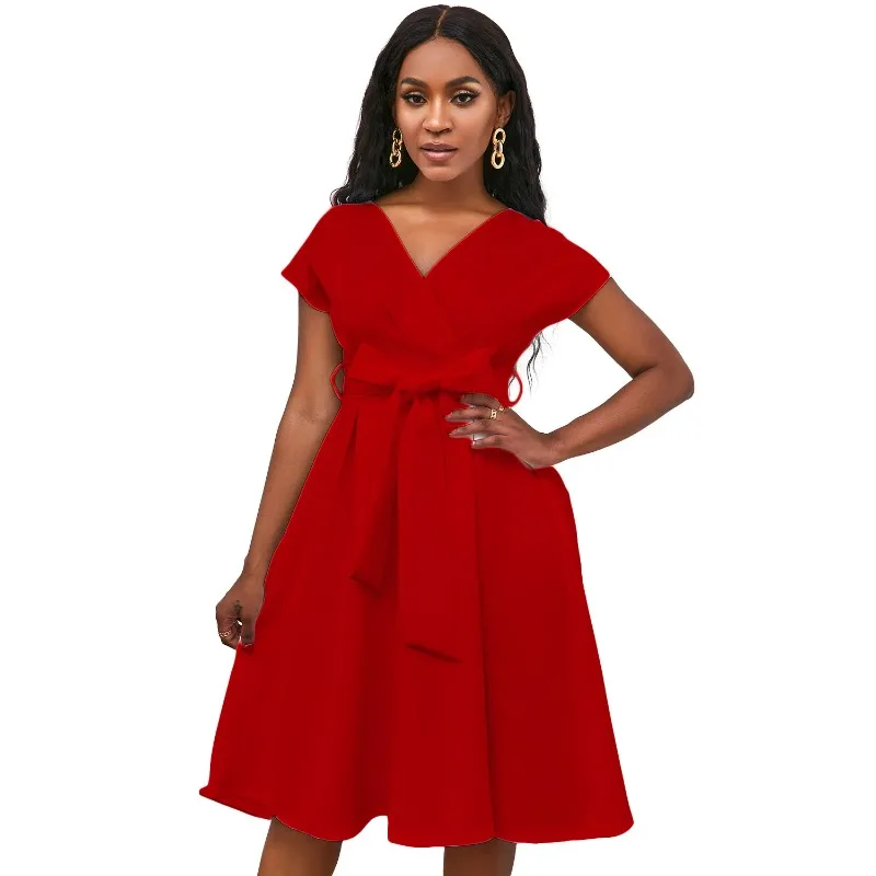 Women's Summer Dress V-neck Solid Color Waistband Bow Tie Large Hem Formal Dress  Elegant Stylish African Women 2024 New