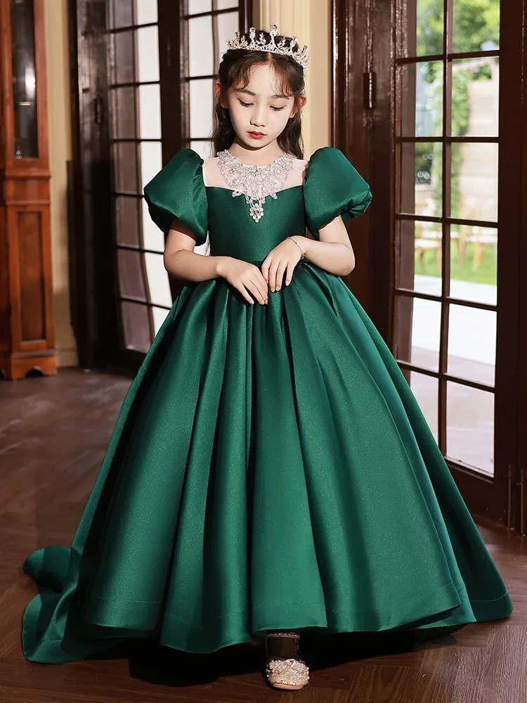 Dark Green Party Dress for Teenager Girls Kids Luxury Princess Beading Banquet Dresses with Train Children Gala Ball Gowns