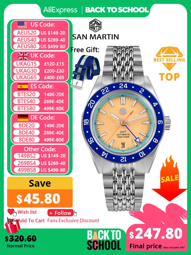 

San Martin Limited Edition 39.5mm Full Luminous NH34 GMT Original Design Men Sports Watch Automatic Mechanical Waterproof SN0116