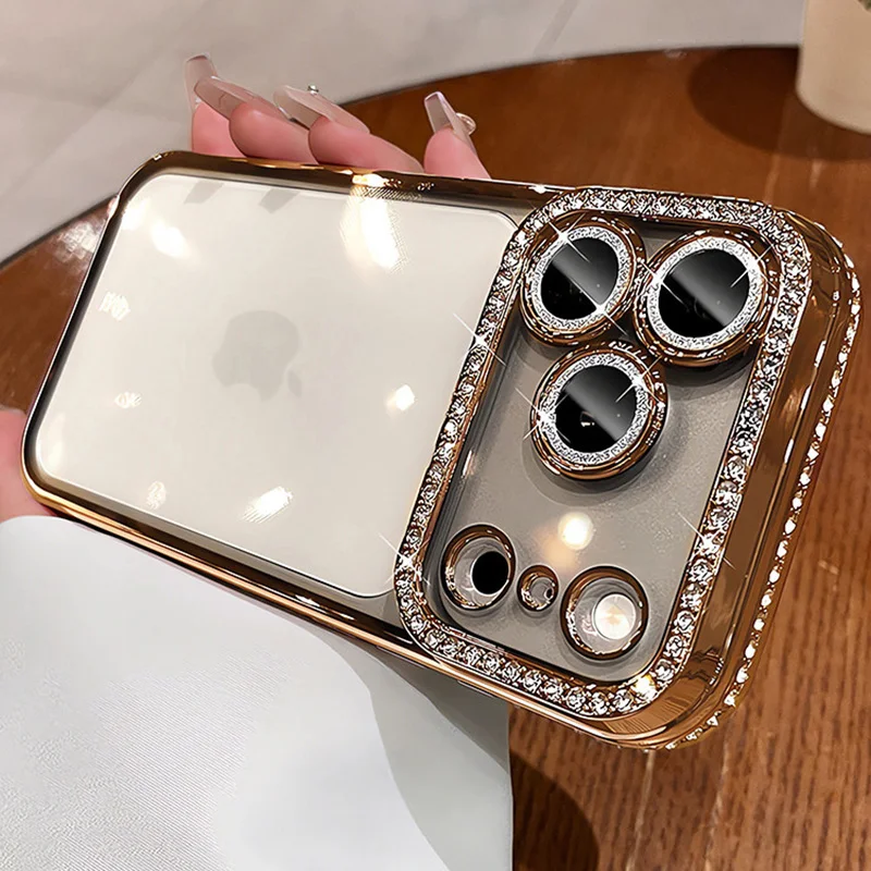 Luxuriöse Bling-Kristall-Linsenschutzfolie Handyhülle für iPhone 11 12 13 14 15 16 17 18 Pro Max Plus Air Stoßfeste Silikon-Bumper-Hülle – Detail 9