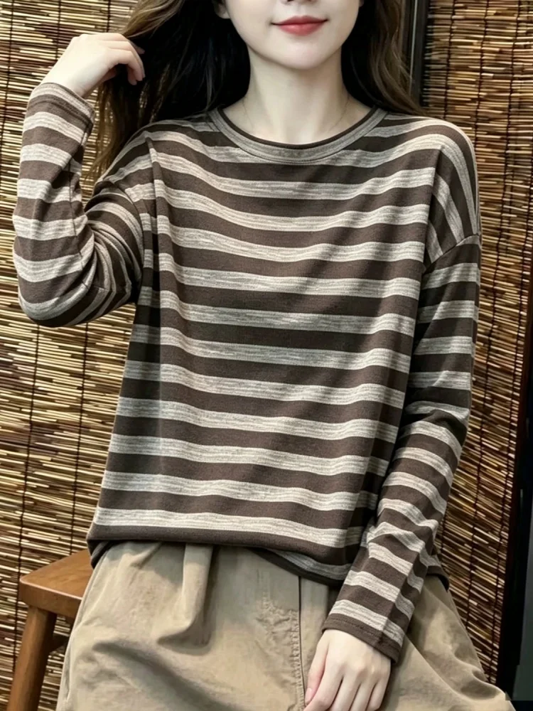 Ladies' Striped Long Sleeve T-Shirt Korean Style Commute Loose Fit Anti-Aging Base Shirt Top for Autumn 2026 Casual Wear