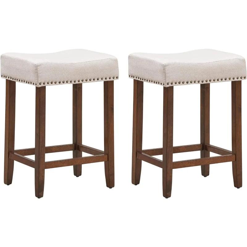 Counter Height Bar Stools Set of 2 Backless Fabric Barstools 24-Inch Modern Wood  Bar Stools Tabel - Beige/Brown,2-Pack