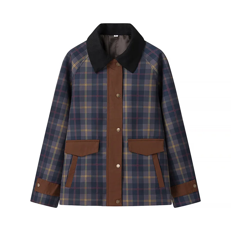 Vintage Plaid Contrast Panel Jacket Lapel Collar Metal Snap Buttons Patch Pockets Raglan Sleeve Loose Casual Streetwear Coat 06H