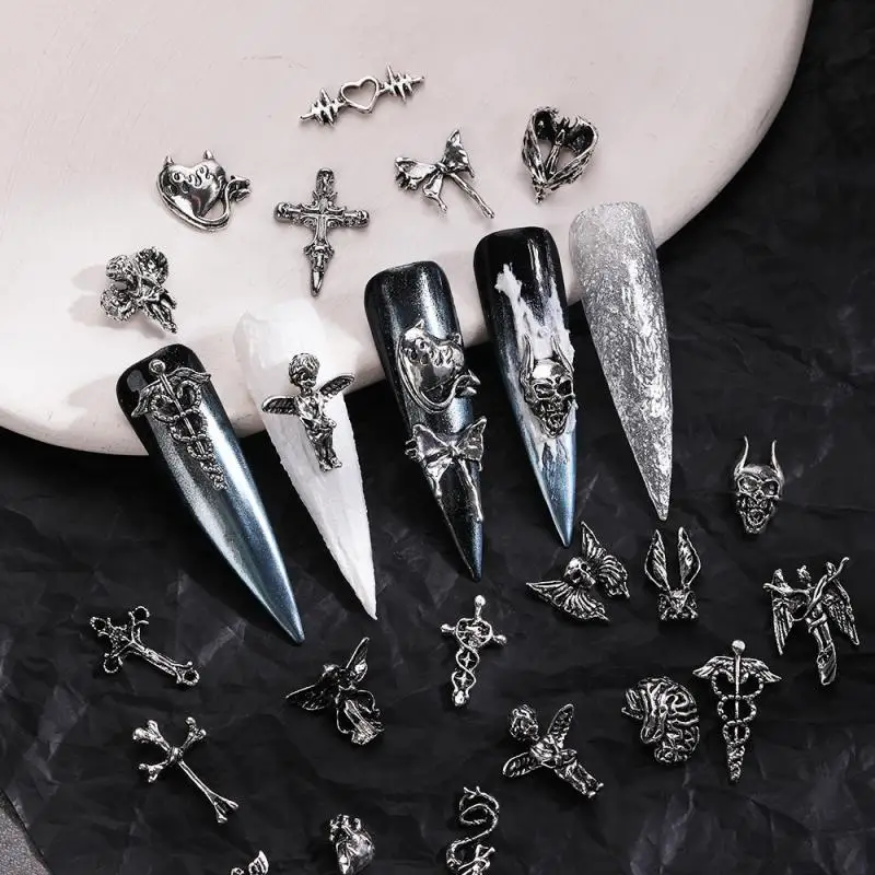 20PCS Vintage Halloween Nail Charms Nail Art Dark Alloy Cute Spider Ghost Skull Head Design Manicure Jewelry 3D  Black Ornaments