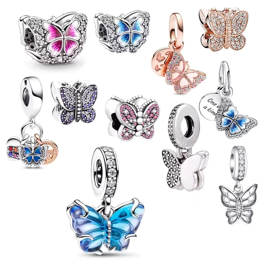 DIY Charm Valentine's Day Blue Pink Butterfly Dangle Charm Fit Original 925 Sterling Silver Pandora Bracelet DIY Women Jewelry