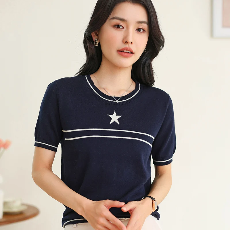 

Летняя женская футболка с круглым вырезом из 100% хлопка, трикотажная, с коротким рукавом, свободного кроя, в полоску, для повседневной носки.