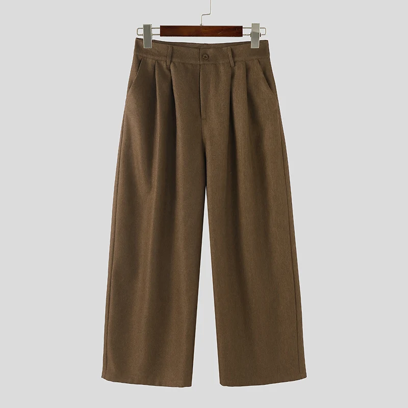 INCERUN Men Pants Solid Color Button Joggers Loose Casual Wide Leg Trousers Men Pleated Streetwear 2025 Fashion Long Pants S-5XL