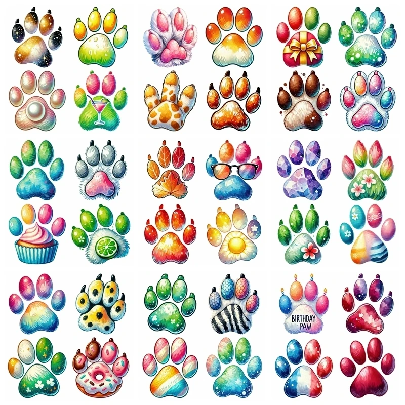 14CM Colorful Bear Paw Set Iron On Heat Transfer Sticker For Clothes DTF Pinted Vinyl Thermal Appliques Washable T-Shirt Decal