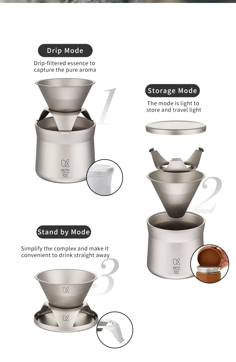 Keith Titanium Ultralight Kaffeemaschine Ti3911, inklusive maßgeschneiderter Premium-Lederhülle, multifunktionale Teetasse für Outdoor-Camping – Detail 10