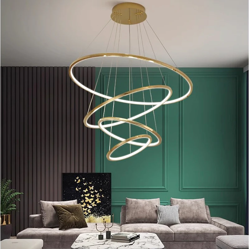 

Ring lamp LED chandelier dining room bedroom duplex floor living room large chandelier staircase loft stainless steel chandelier