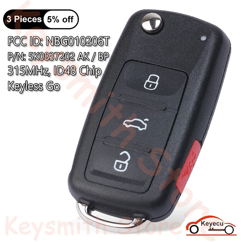 

KEYECU 3+1 4 Buttons 315MHz ID48 Chip for VW Tiguan Beetle EOS Golf Jetta Passat Auto Keyless Go Flip Remote Key Fob NBG010206T