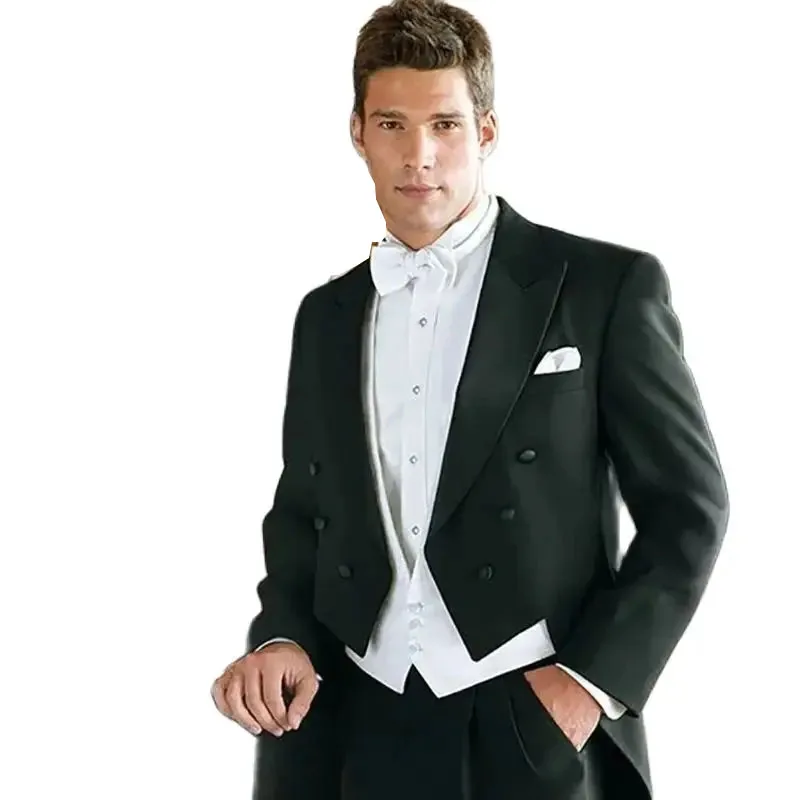 Formal Men Suits Elegant 3 Piece Black Jacket Pants White Vest Luxury Wedding Blazer Costume Homme Slim Fit Tuxedos Terno