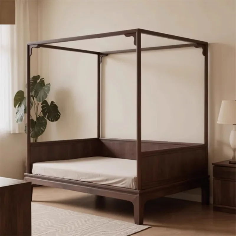 

North American black walnut new Chinese shelf bed Song-style aesthetic double bed four-poster solid wood pullout