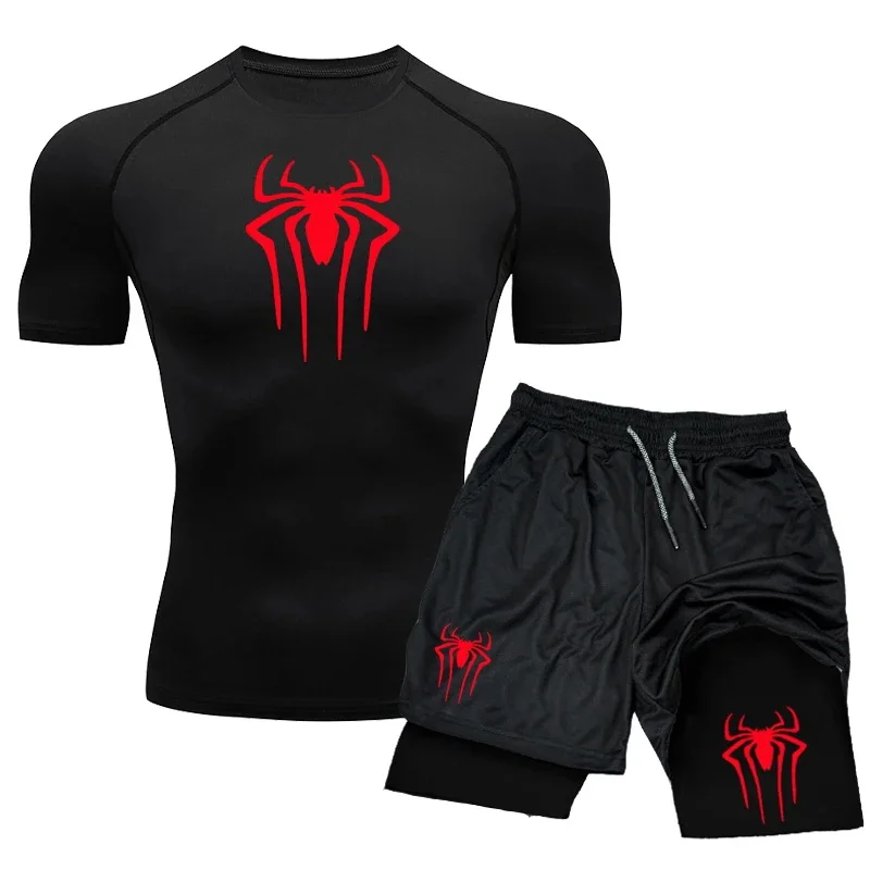 New Compression Set Spider Print Sportwear for Men Quick Dry GYM Shorts+Shirt 2PCS Quick Dry Short Sleeve Trainning Sport Suit