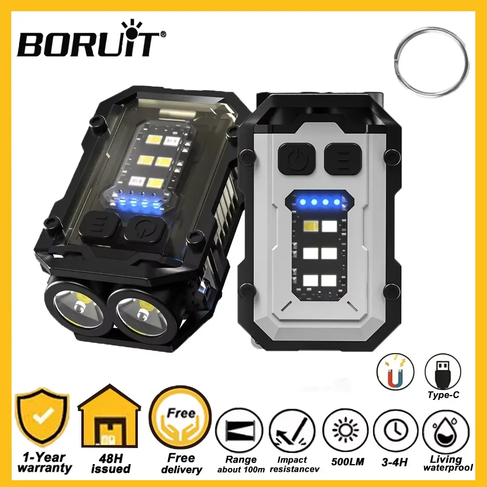 BORUiT Portable Keychain Light 8 Light Modes EDC Flashlight Type-C rechargeable Mini Flashlight With Magnet Emergency Work Torch
