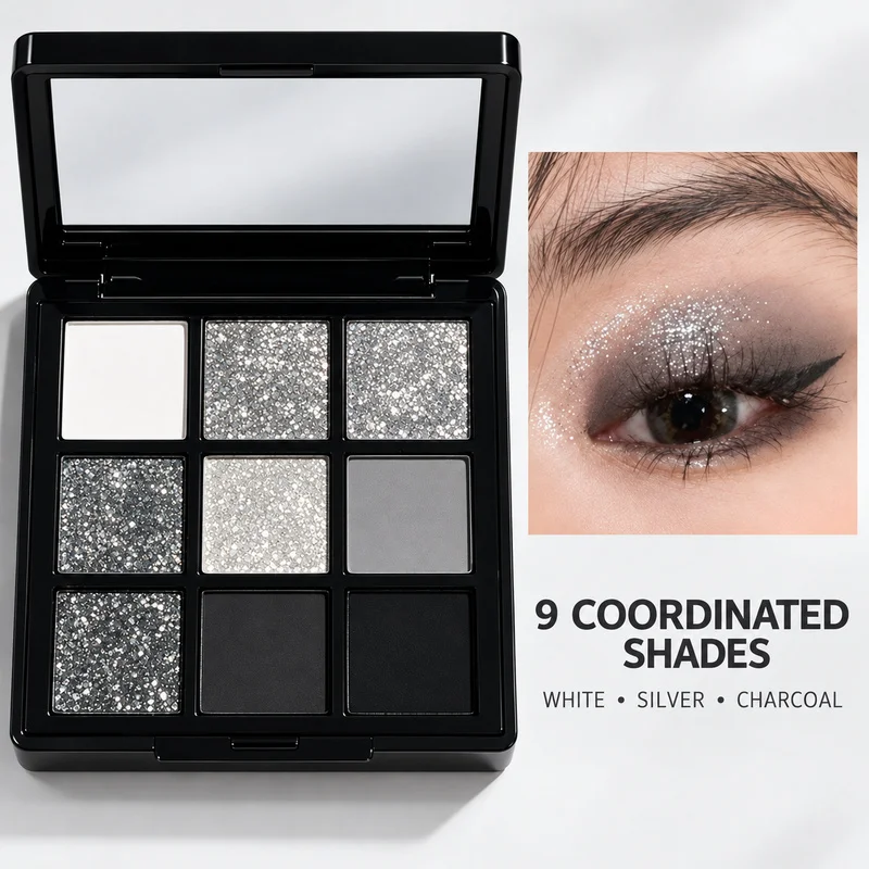 ErshiQi 9 Colors Smoky Silver Eyeshadow Palette Black Grey Glitter Shimmer Matte Eye Shadow High Pigment Blendable Makeup Looks gallery 3