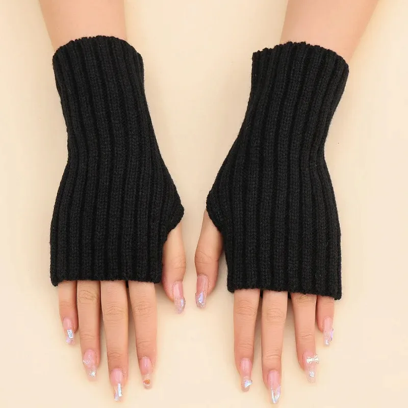 Autumn Winter Fashion Warm Fingerless Solid Color Ribbed Knitted Short Gloves Arm Warmers Versatile Fingerless Gloves