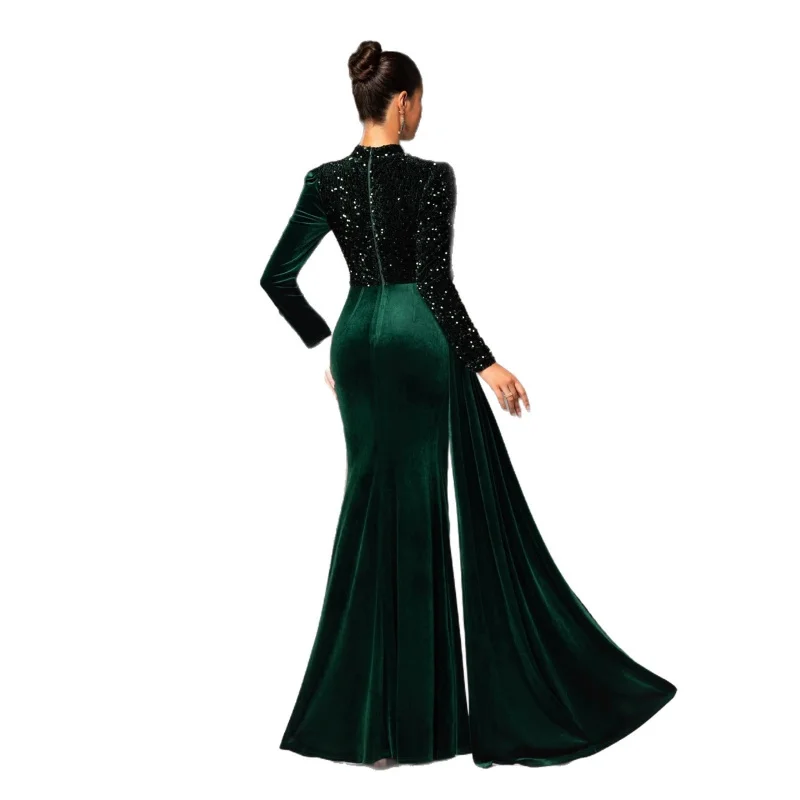 Elegant long green evening gown a classy lady hosting a company's annual party view 5