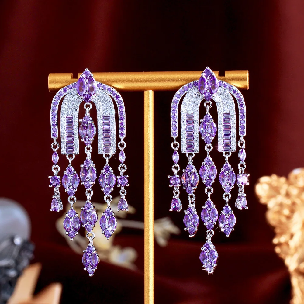 

Gorgeous Purple Cubic Zirconia Long Tassel Drop Earrings Women's Jewelry Gift For Weddings Dinners And Parties