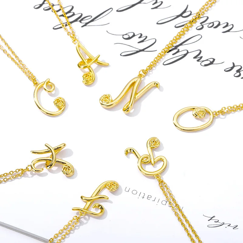 100Pcs New Gold Capital English Letter Necklace Bohemian Style with Rose Pendant Stainless Steel Material for Engagement Gift