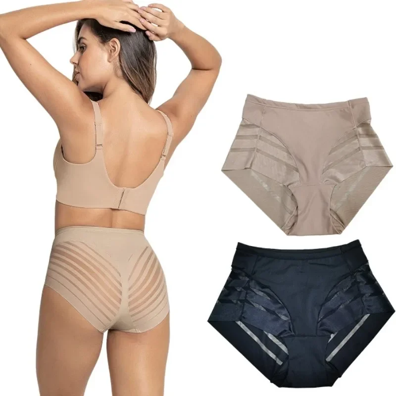 여성용 하이 웨이스트 브리프, 심리스 팬티, 투명 메쉬, 고탄성 배 컨트롤, 보정속옷 아이스 실크 속옷, 섹시 란제리