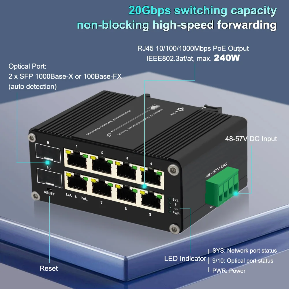 Managed PoE Switch 8 Port 10/100/1000T 802.3at to 2 Port 100/1000X SFP Din Rail Mini 8 Port Gigabit Power Ethernet Switch