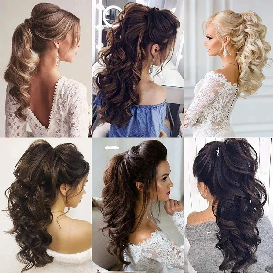 Extensão sintética do cabelo louro para mulheres, grampo da garra em rabos de cavalo, cabelo ondulado, 14 \