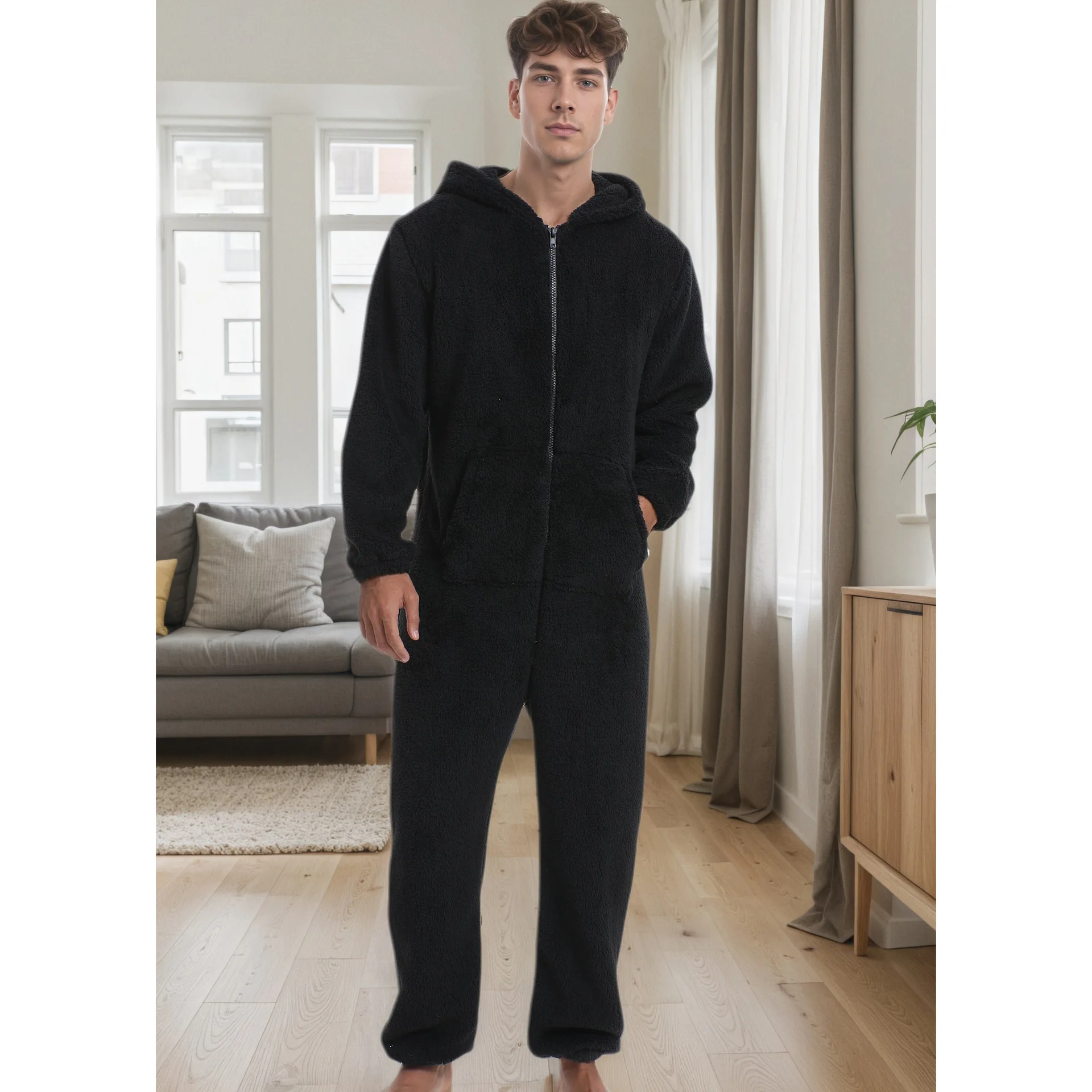 Autumn and Winter Men's Thick Velvet Hat Set Solid Color Simple Pajamas Loose Casual Home Clothes