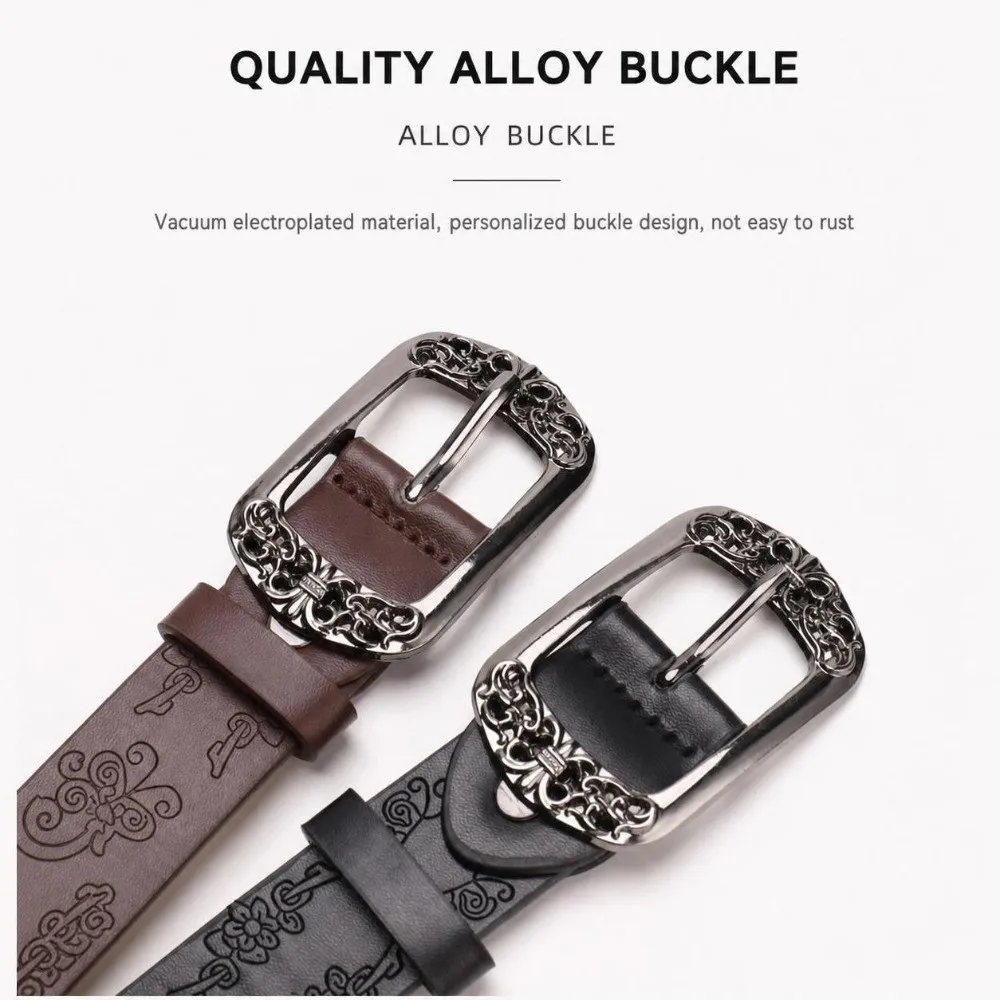 Alloy Pin Buckle Embossed PU Leather Belt Adjustable Antique Metal Buckle Decorative Waist Strap Unisex Design Faux Leather