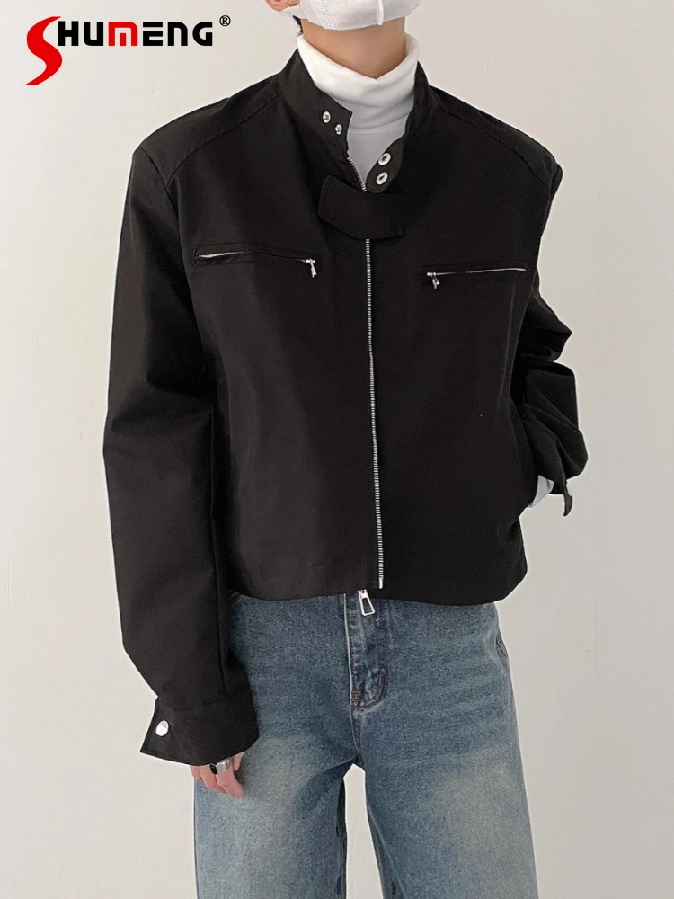 

Men's 2025 Spring Autumn New High-end Retro Zipper Stand Collar Jackets Men's Loose Short Padded Shoulder Tops Solid Color Coats